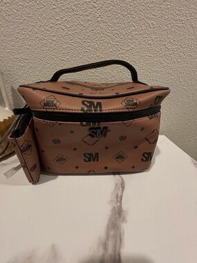 Steve Madden Tan Logo Cosmetic Case with Black Print